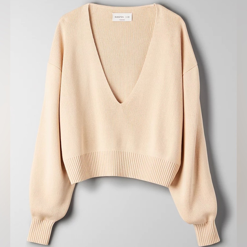 Aritzia Cream V-Neck Cropped Sweater